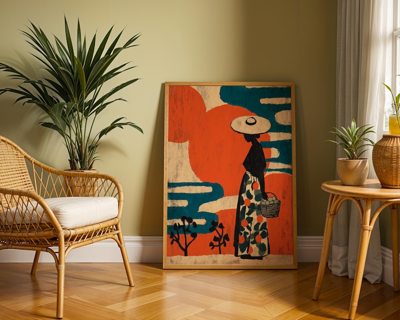 a living room with a wicker chair, a wooden table, and a large abstract painting depicting a woman in a hat and dress.