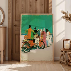 a large, colorful painting of people on motorcycles in a room with wooden furniture and decor.