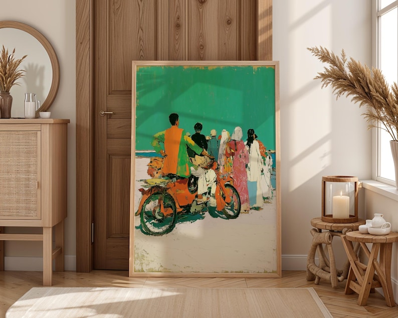 a large, colorful painting of people on motorcycles in a room with wooden furniture and decor.