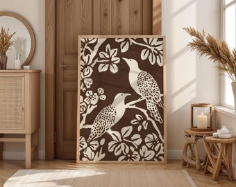 Japanse vogel kunst print retro Aziatische vogel kunst aan de muur botanische tak illustratie bruin crème decor traditionele stijl kersenbloesem schilderij