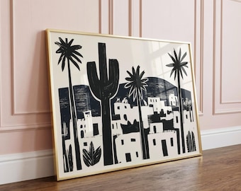 Mexican Art Print Southwestern Desert Landscape Artwork Minimalist Cactus Poster Modern Adobe Village Decor Tropical Boho Home Art