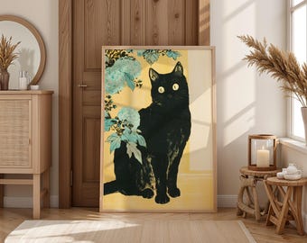 ヴィンテージの日本の黒猫の絵画プリント｜猫の壁アート｜和風