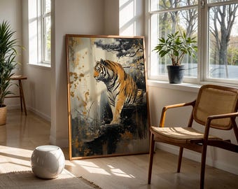Impresión artística de tigre, arte de pared, estilo japonés, poderosa pintura de tigre, obra de arte de naturaleza asiática para hogares japoneses, zen y modernos, arte de pared de tigre
