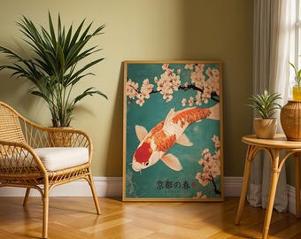 Arte de carpa koi, pôster japonês para parede, turquesa e dourado, com estampa de flor de cerejeira, decoração retrô japonesa, pintura oriental de peixe, design de interiores.