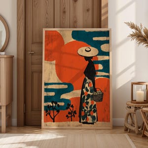 Mexican Folk Art Print Abstract Figure Wall Art Bold Colour Painting Retro Latin Style Decor Orange Wall Art Mexico Painting Travel Art