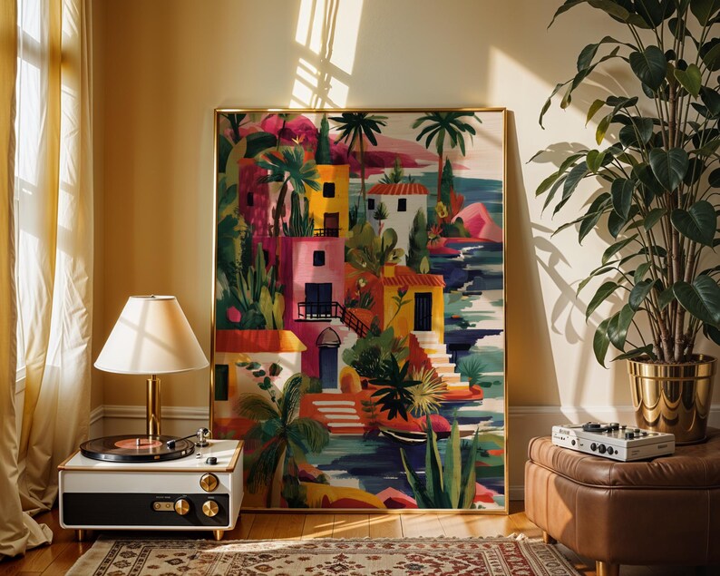 a vibrant, colorful painting of a tropical village, with palm trees, buildings, and water, displayed in a living room setting.