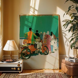 a large framed painting of a group of people on a motorcycle, with a vintage-style lamp and a potted plant in the foreground.