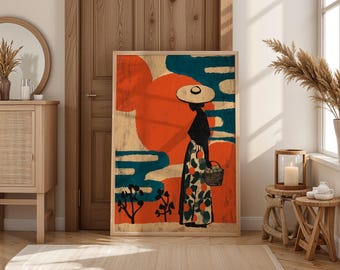 Meksykańska sztuka ludowa, wydruk abstrakcyjny, sztuka ścienna z postaciami w odważnych kolorach, dekoracja w stylu retro latynoskim, pomarańczowa sztuka ścienna, Meksyk, malarstwo, sztuka podróżnicza