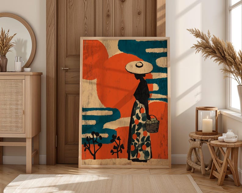 a large, colorful painting of a woman in a hat standing in a field, holding a basket. The painting is displayed on a wooden wall, and there are some decorative elements in the room, such as a vase and a potted plant.