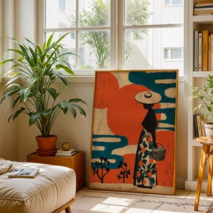 a cozy living room with a large painting of a woman in a hat, surrounded by potted plants and a bookshelf filled with books.