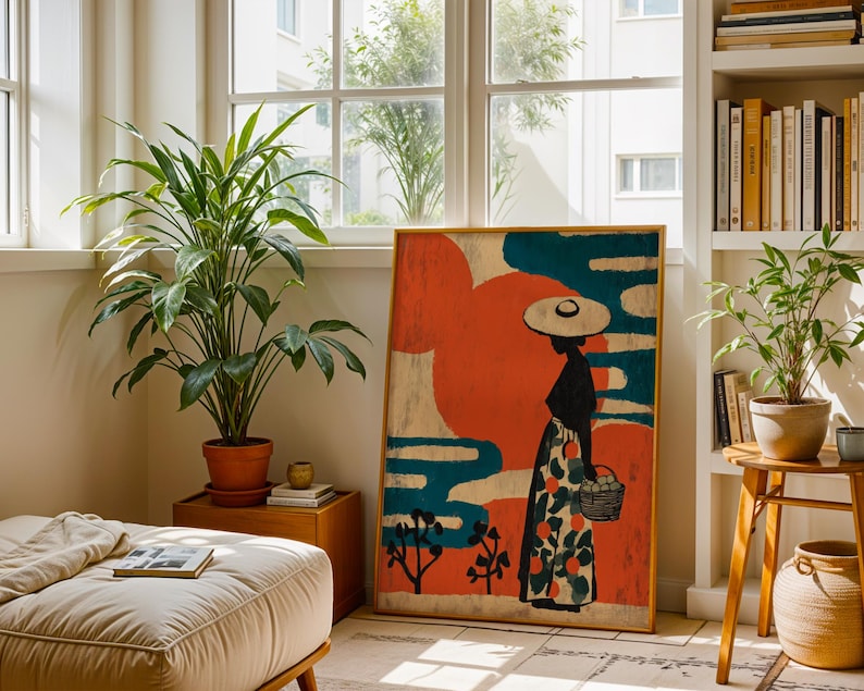 a cozy living room with a large painting of a woman in a hat, surrounded by potted plants and a bookshelf filled with books.