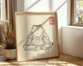 Zen Frog Art Print Tea Drinking Frog Wall Art Japanese Ink Frog Illustration Calm Interior Minimal Japanese Artwork Peaceful Home Decor