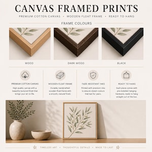 The image is a collage of three different canvas framed prints, each with a unique frame color and design. The text provides information about the canvas framed prints, including their materials, frame colors, and features.