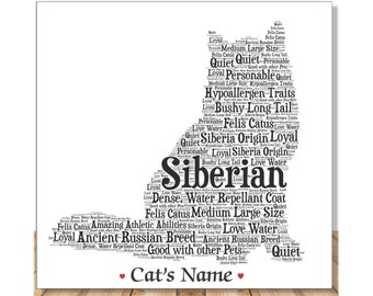May include: A white print featuring a cat silhouette filled with descriptive words like "Loyal" and "Siberian." The text "Cat's Name" appears at the bottom, with red heart accents. The print is on a white background.