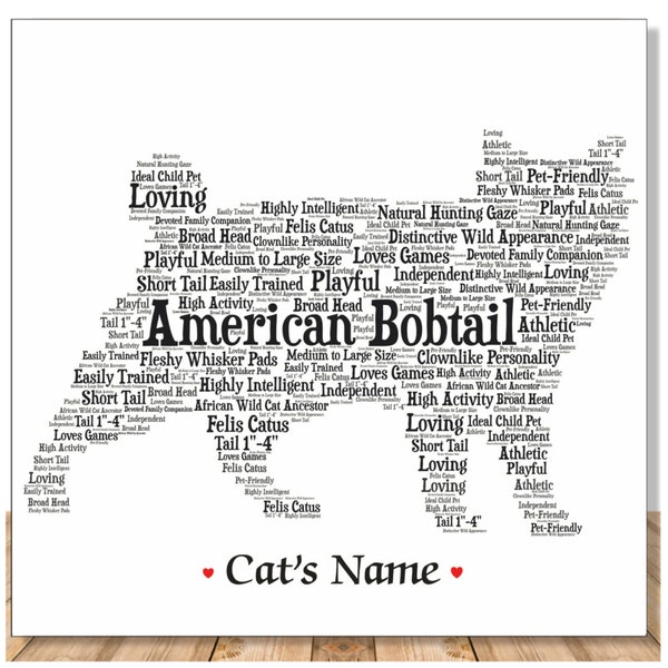 American Bobtail Cat Lover Personalize Art Print Gift | Portrait with Furbaby Name | Pet Loss Memorial | Handmade USA