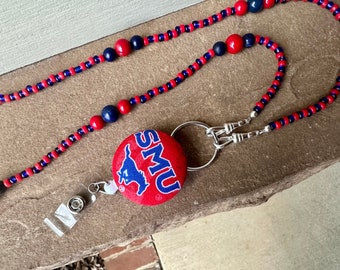 Southern Methodist SMU ID Badge Beaded Lanyard Red and Blue