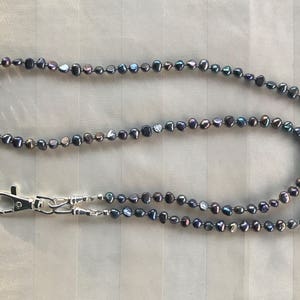 Peacock Blue Gray Freshwater Pearl Lanyard ID Badge Beaded Lanyard Necklace Badge Holder