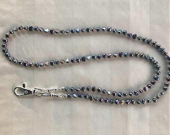 Peacock Blue Gray Freshwater Pearl Lanyard ID Badge Beaded Lanyard Necklace Badge Holder