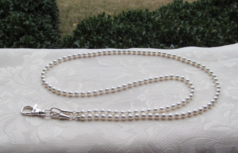 Austrian Crystal Pearl Lanyard White Pearl Beaded Lanyard Necklace ID Badge Holder Face Mask Holder image 2