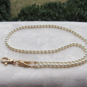 Ivory Beaded Lanyard Crystal Pearl Cream Lanyard Necklace ID Badge Holder Face Mask Holder