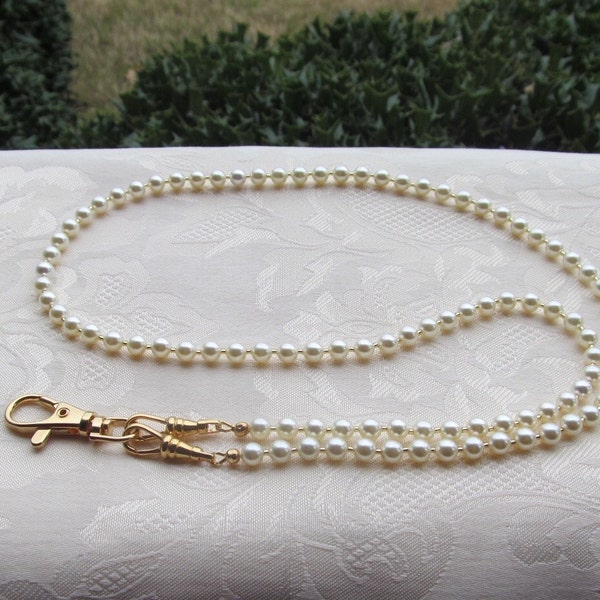 Ivory Pearl ID Badge Lanyard Face Mask Holder Austrian Crystal Pearl Cream Lanyard Necklace Badge Holder