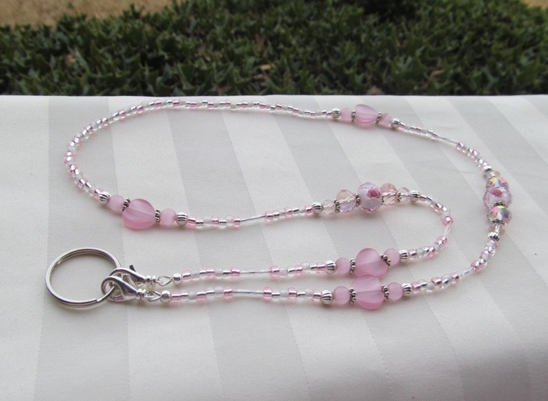 Pink ID Badge Lanyard Roses Hearts Beaded Lanyard Necklace ID Badge Holder image 3