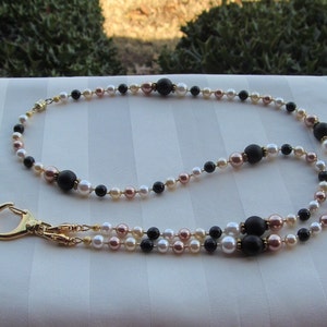 Pearl Beaded ID Badge Lanyard: Rose Gold, Black Onyx, Magnetic Clasp upon request