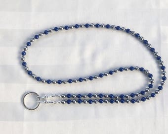 Blue and Gray ID Badge Lanyard Crystal Pearl Beaded Lanyard Necklace ID Badge Holder Face Mask Holder