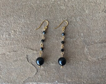 Earrings Crystal Black Pearl Dangle Earrings 14K Gold Plated Fish Hook