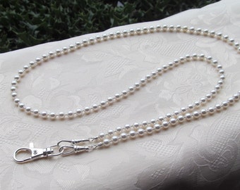 White Pearl ID Badge Lanyard: Austrian Crystal Beaded Necklace
