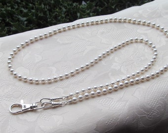 White Pearl Lanyard Austrian Crystal Pearl Beaded Lanyard Necklace ID Badge Holder Mask Holder