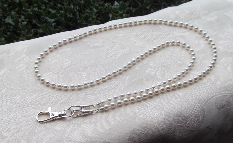 Austrian Crystal Pearl Lanyard White Pearl Beaded Lanyard Necklace ID Badge Holder Face Mask Holder image 1