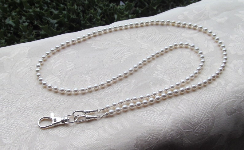 White Pearl Lanyard Austrian Crystal Pearl Beaded Lanyard Necklace ID Badge Holder Mask Holder image 1