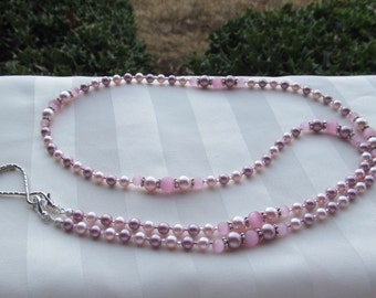 Pink Pearl ID Badge Lanyard Crystal Rose Pearl Lanyard Necklace ID Badge Holder