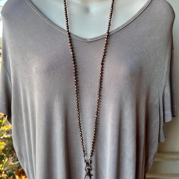 Copper Peacock Pearl Lanyard: Beaded ID Badge Necklace