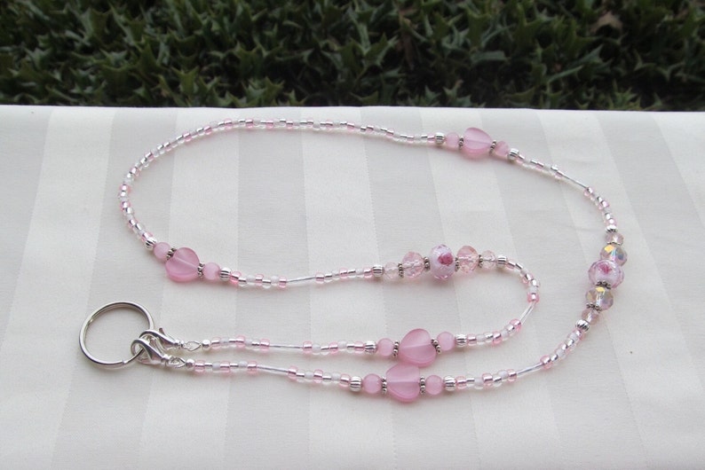 Pink ID Badge Lanyard Roses Hearts Beaded Lanyard Necklace ID Badge Holder image 1