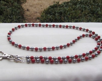 ID Badge Lanyard Red and Gray Austrian Crystal Pearl Beaded Lanyard Necklace ID Badge Holder
