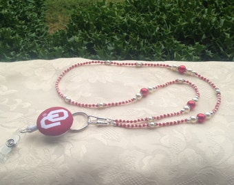 Oklahoma Sooners Beaded Lanyard Red and White with Retractable Badge Reel
