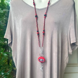 Georgia Bulldogs ID Badge Lanyard Bead Red and Black Beaded Badge Holder