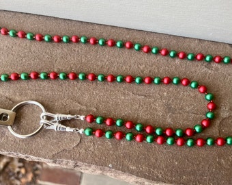 Christmas Red and Green ID Badge Lanyard Crystal Pearl Beaded Lanyard Necklace ID Badge Holder