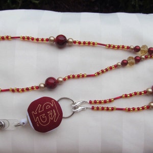ID Badge Lanyard Florida State Beaded Lanyard Scarlet Red and Gold Seminoles Retractable ID Badge Reel