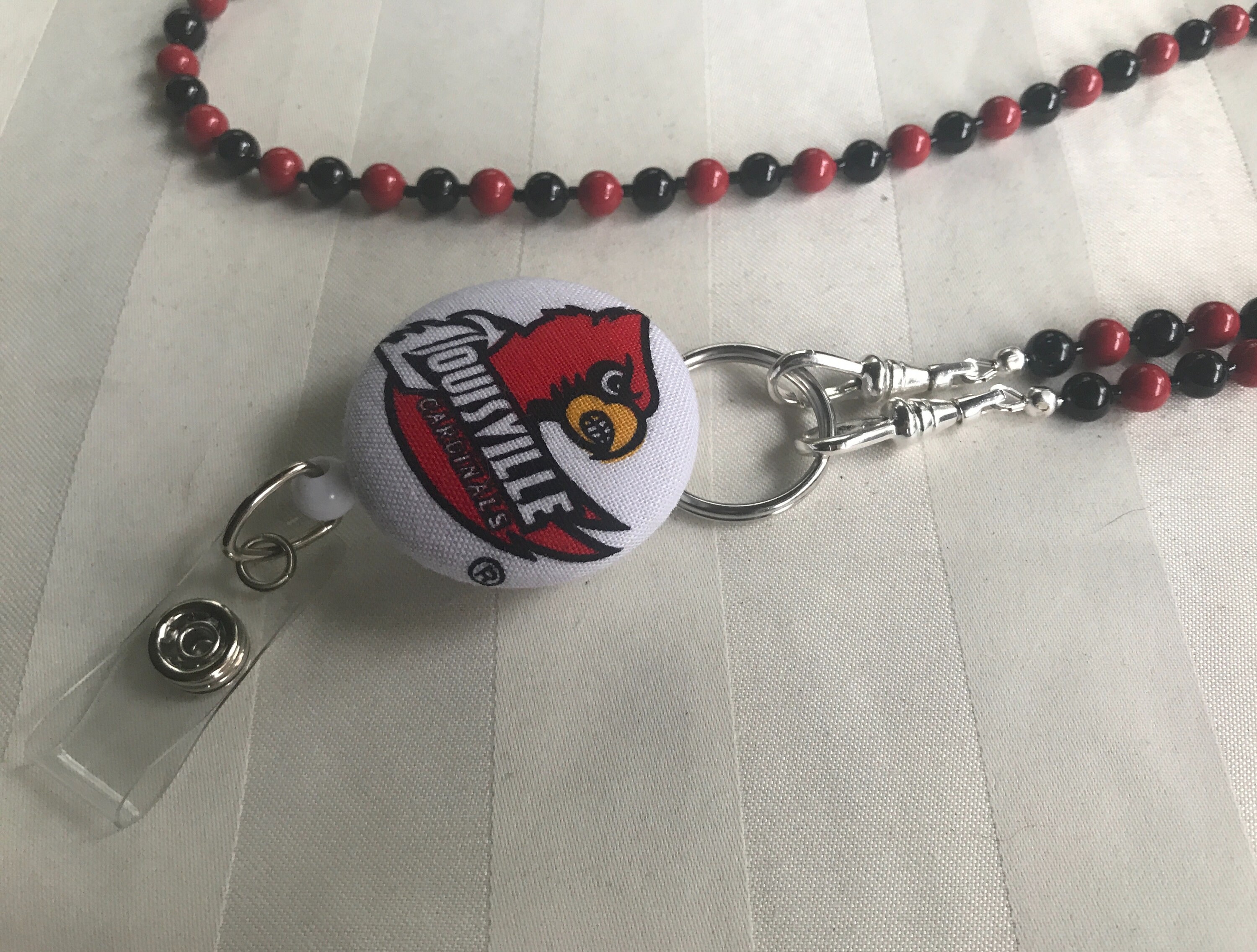 Louisville Cardinals ID Badge Lanyard Crystal Pearl Beaded 