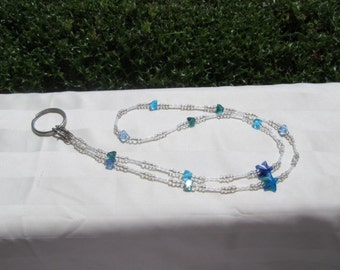 Beaded ID Badge Lanyard Necklace Clear Aqua Blue Glass Star Crystals