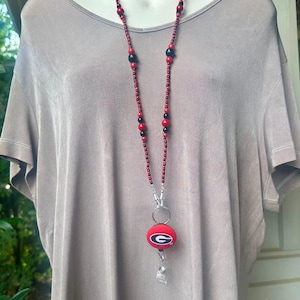 Georgia Bulldogs ID Badge Lanyard Bead Red and Black Beaded Badge Holder