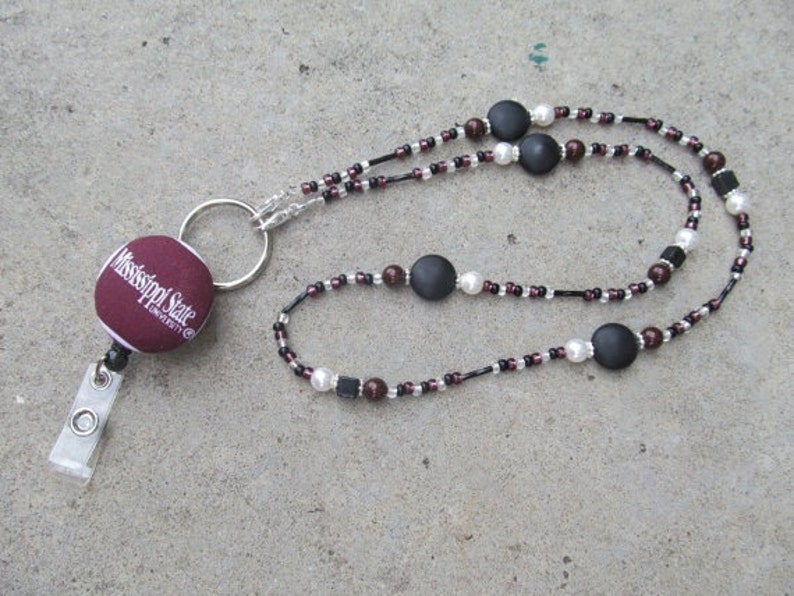 Mississippi State ID Badge Lanyard Bulldogs Beaded Lanyard Maroon and Black ID Badge Holder image 1