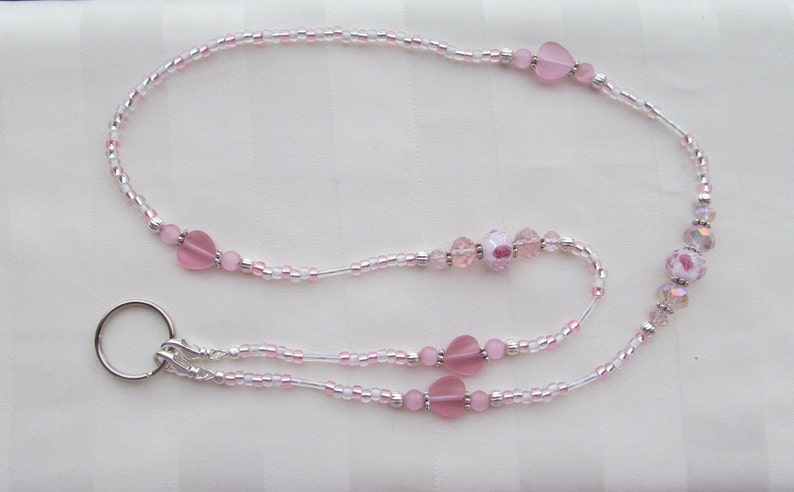 Pink ID Badge Lanyard Roses Hearts Beaded Lanyard Necklace ID Badge Holder image 2