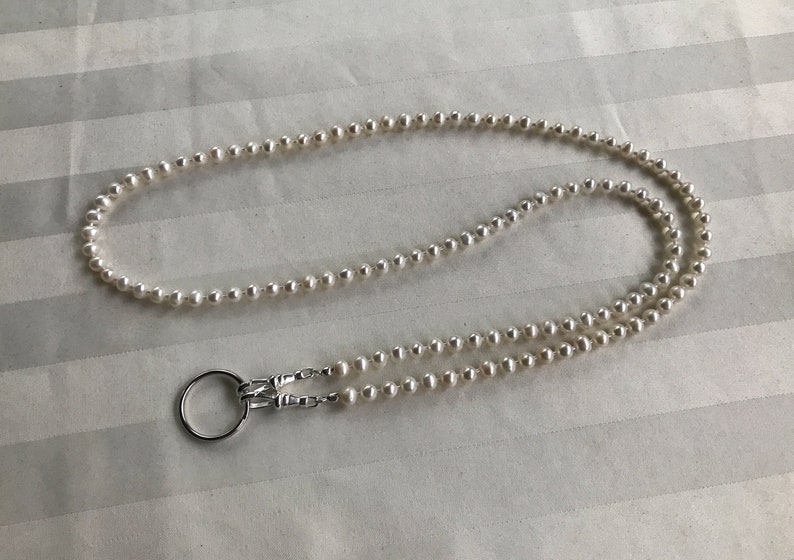 White Cultured Freshwater Pearl Lanyard Beaded Lanyard Necklace ID Badge Holder image 3