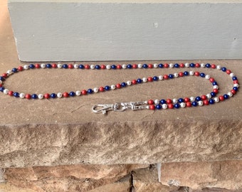 Red White and Blue ID Badge Lanyard Austrian Crystal Pearl Beaded Lanyard Necklace ID Badge Holder