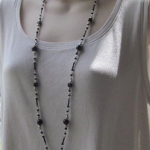 Black Onyx & Jasper Beaded Lanyard Necklace: Silver Accents
