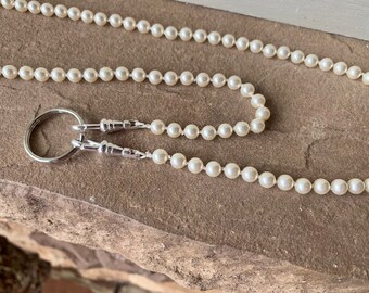 Ivory Pearl ID Badge Lanyard Austrian Crystal Cream Pearl Beaded Knotted Pearls Lanyard Necklace ID Badge Holder